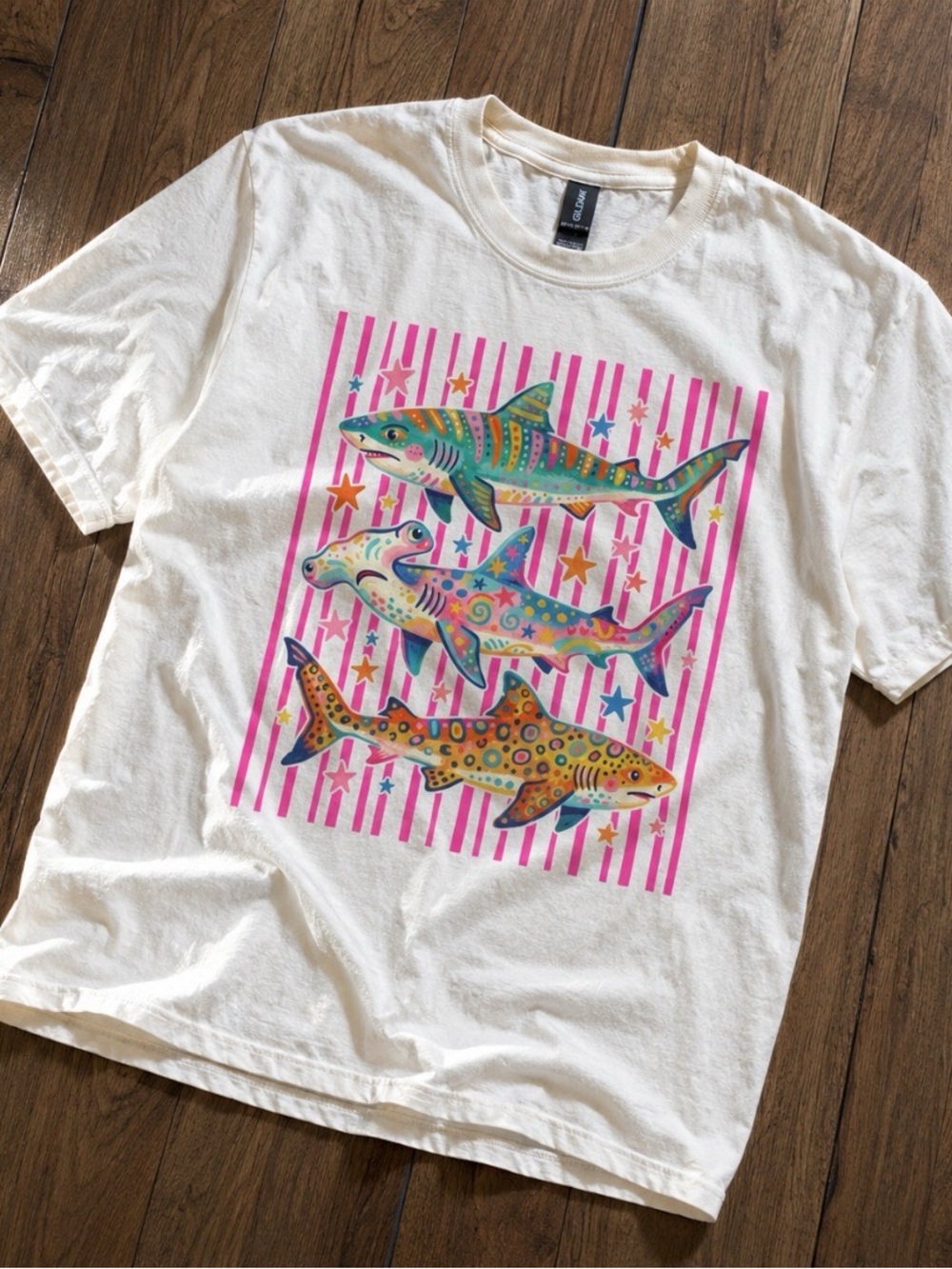 Gildan White Short-Sleeve Tee with Colorful Shark Trio Graphic